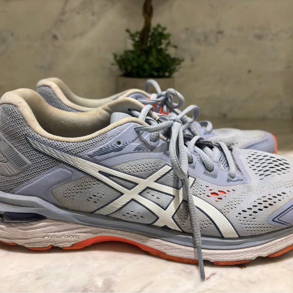 ASICS Gray and Orange Athletic Shoes with Mesh Uppers